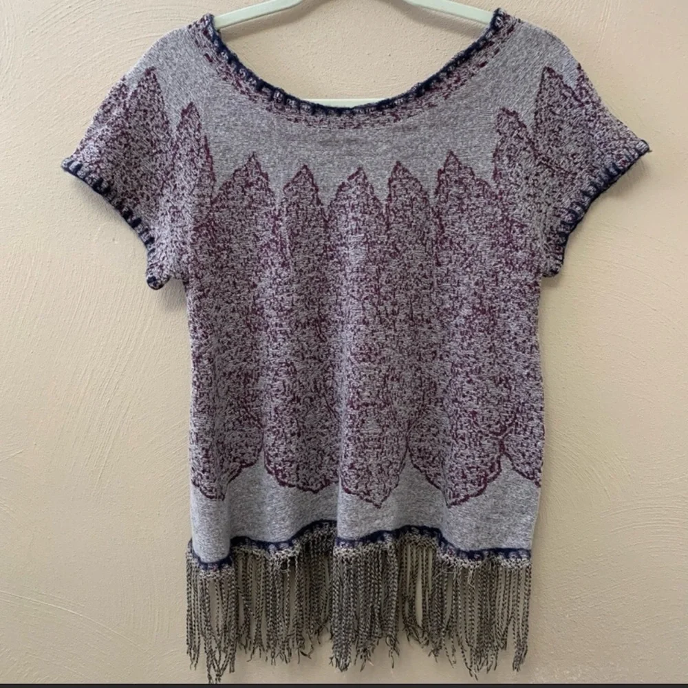 Free People Kilm Medallion Fringe Short Sleeve Boho Sweater. EUC. Sz S/M